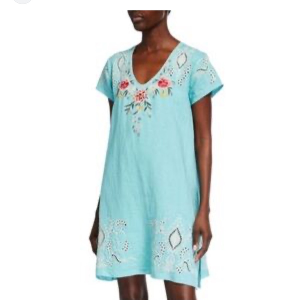Johnny Was Turquoise Embroidered Mini Dress with Pink & Green Floral Detail
